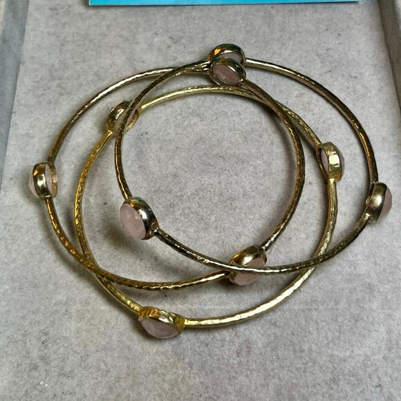 Julie Vos Gold Bangles Set of 3 Rose Quartz Pink Boho Luxe Stackable Bracelets - Picture 6 of 9